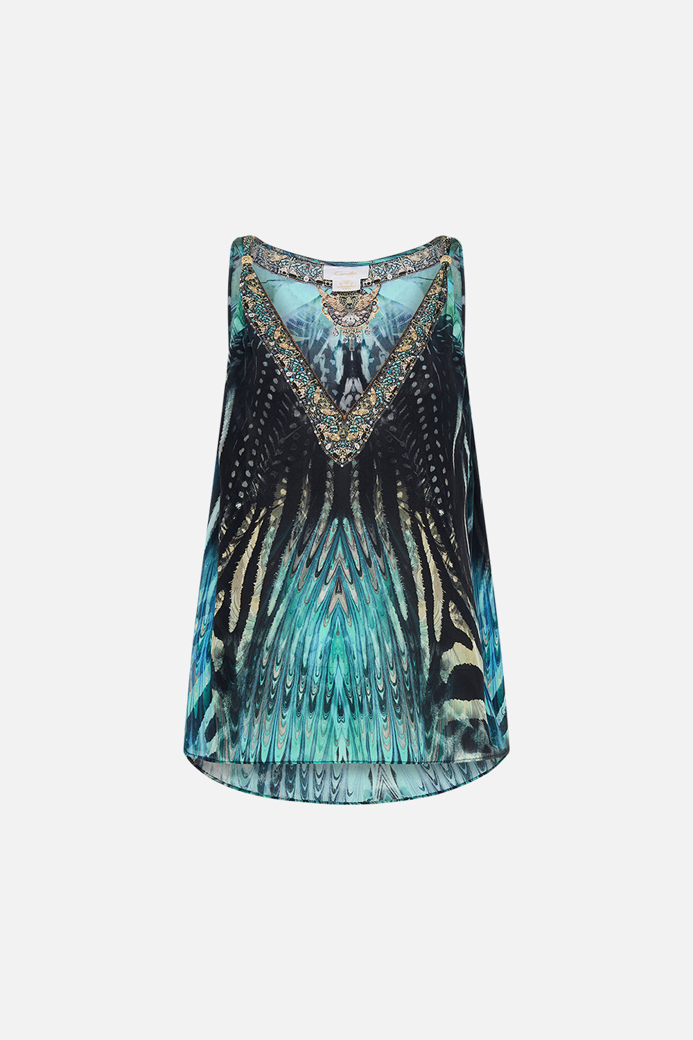 Product view of CAMILLA silk tank top in Azure Allure print