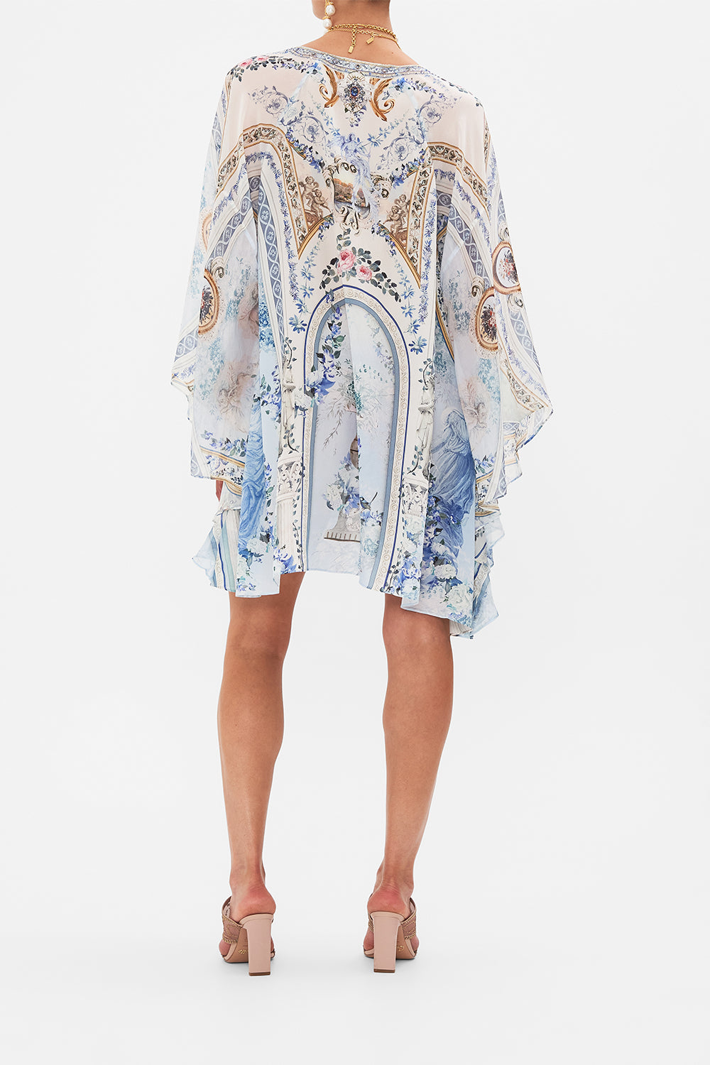Back view of model wearing CAMILLA silk kaftan in Season of The Siren print