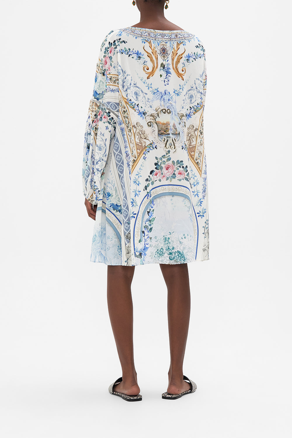 Back view of model wearing CAMILLA a line silk dress in Season Of The Siren print