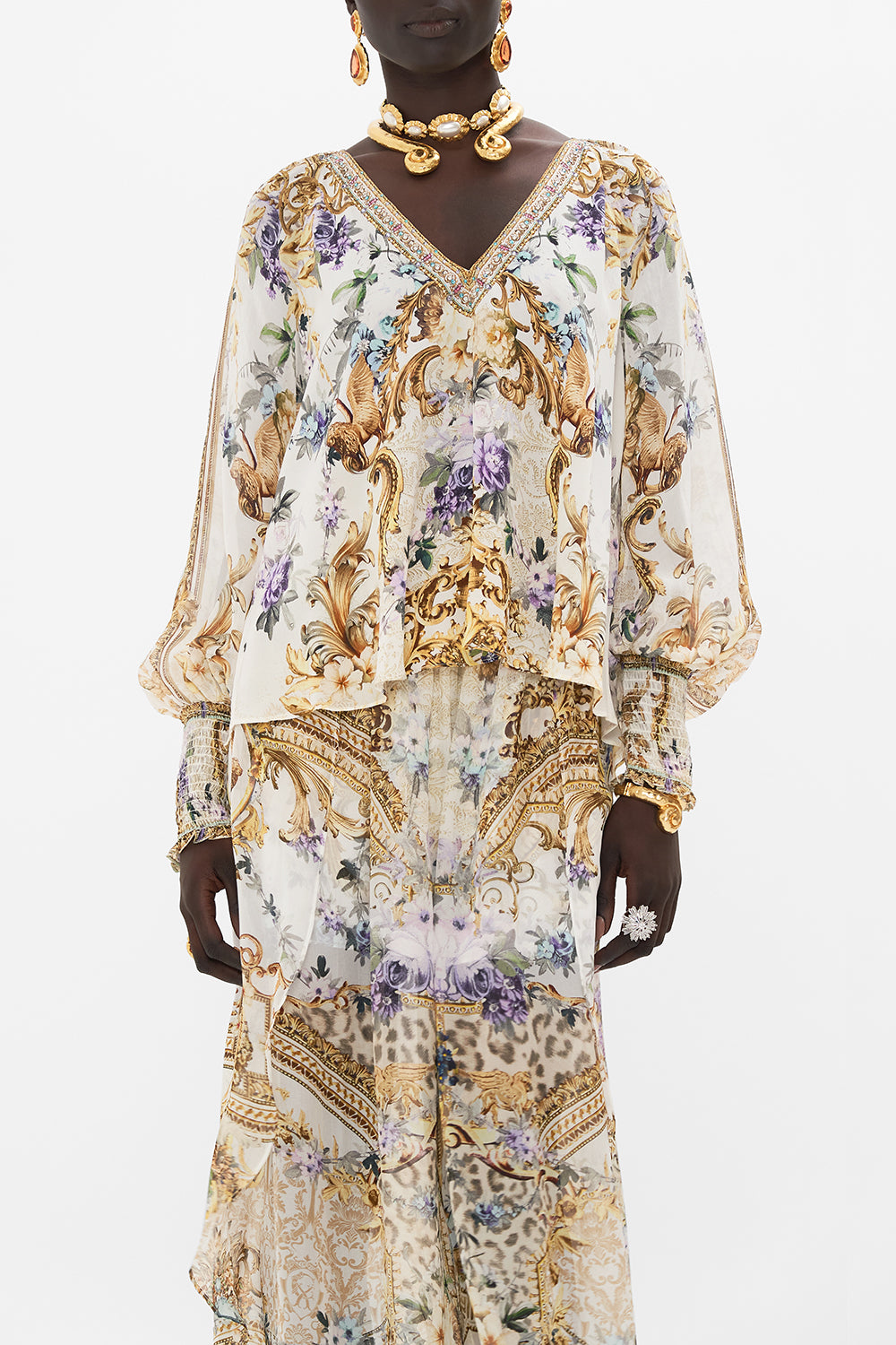 Crop view of model wearing CAMILLA silk blouse in Palazzo Playdate print