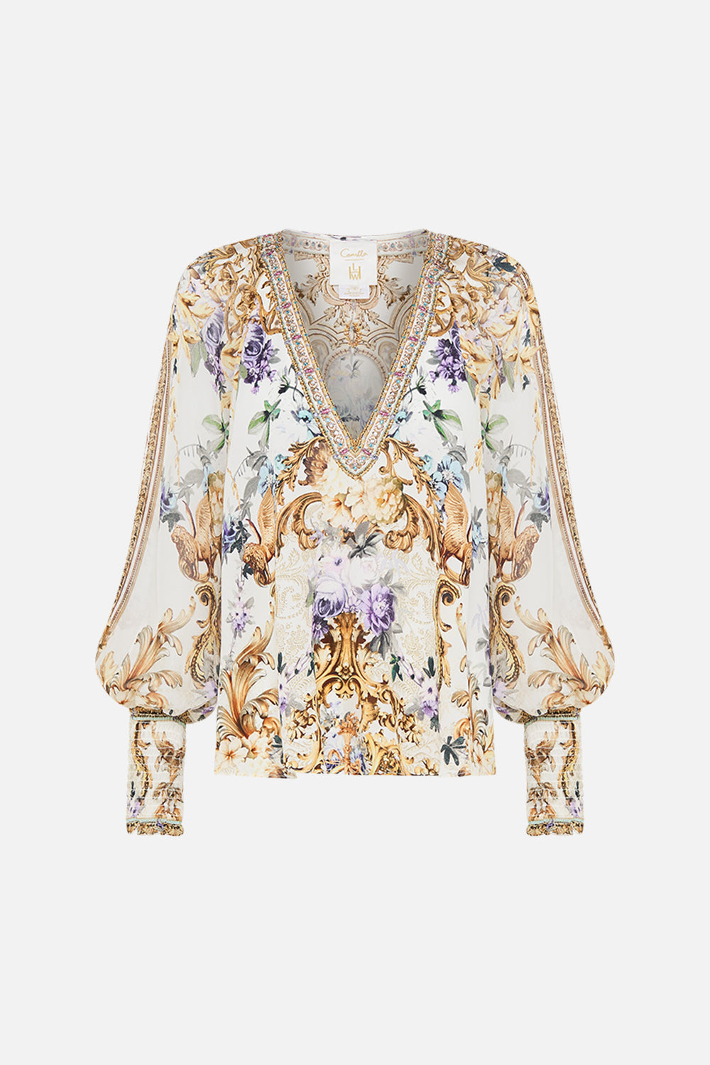 Product view of CAMILLA silk blouse in Palazzo Playdate print