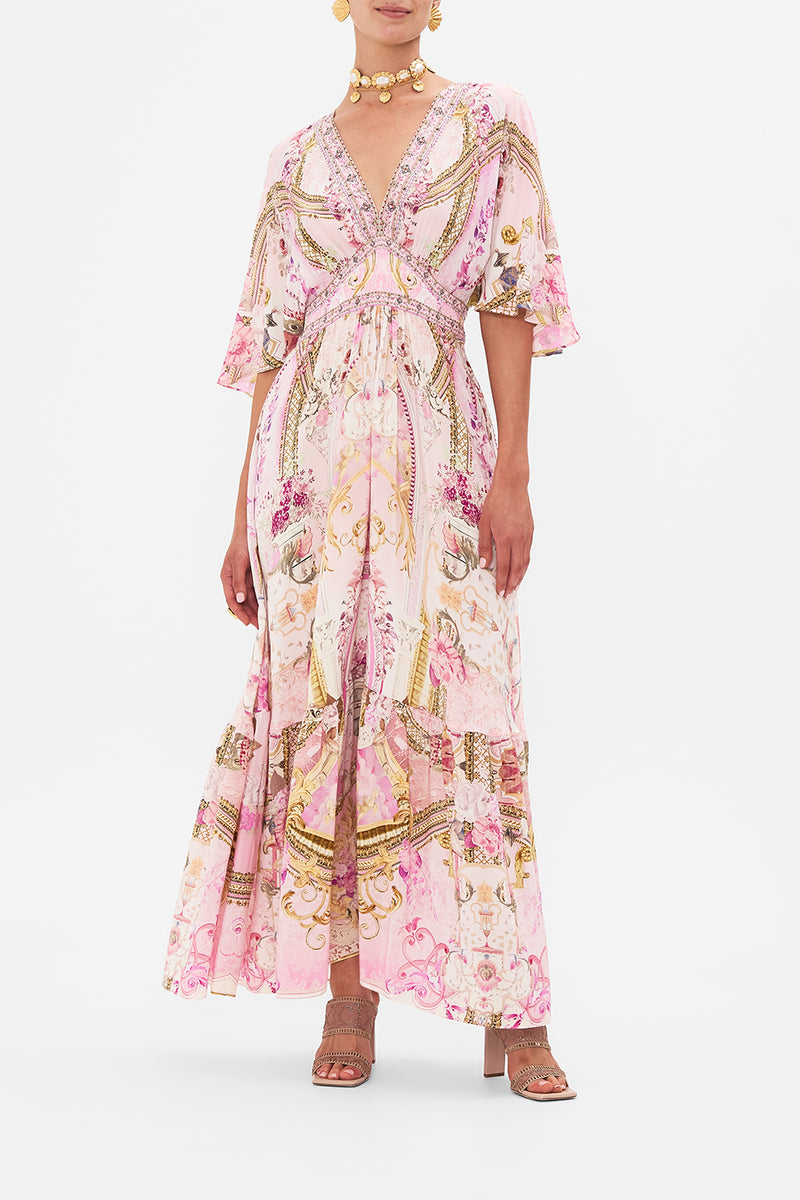 Camilladress Ruffle Trim Open Back Printed Maxi Cami Dress