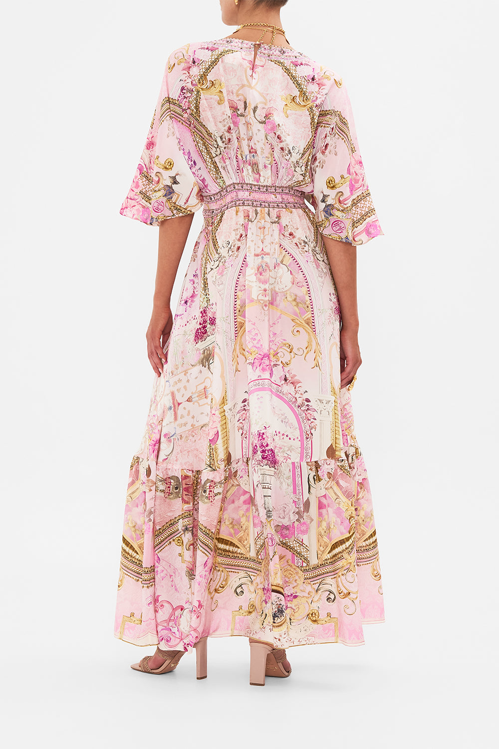 Front view of model wearing CAMILLA pink silk ruffle dress in Fresco Fairytale print