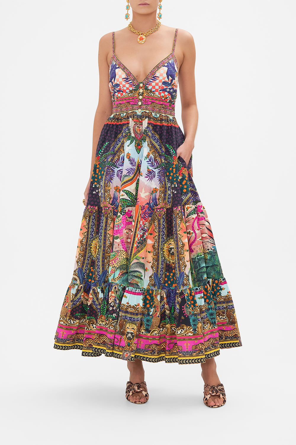 Front view of model wearing CAMILLA printed cotton dress in Alessandro's Atlantis print