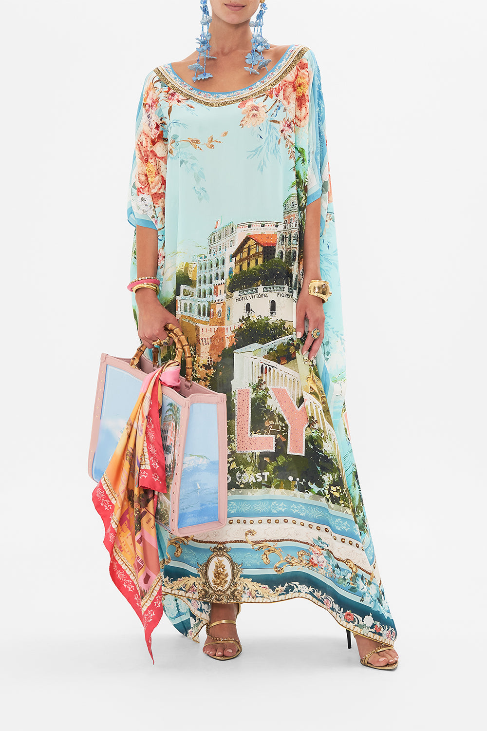 Front view of model wearing CAMILLA silk kaftan in From Sorrento With Love print