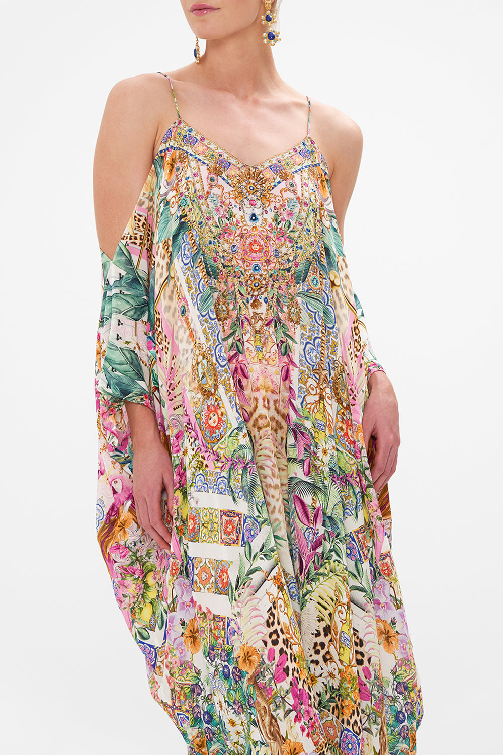 Crop view of model wearing CAMILLA resortwear kaftan in Flowers Of Neptune print