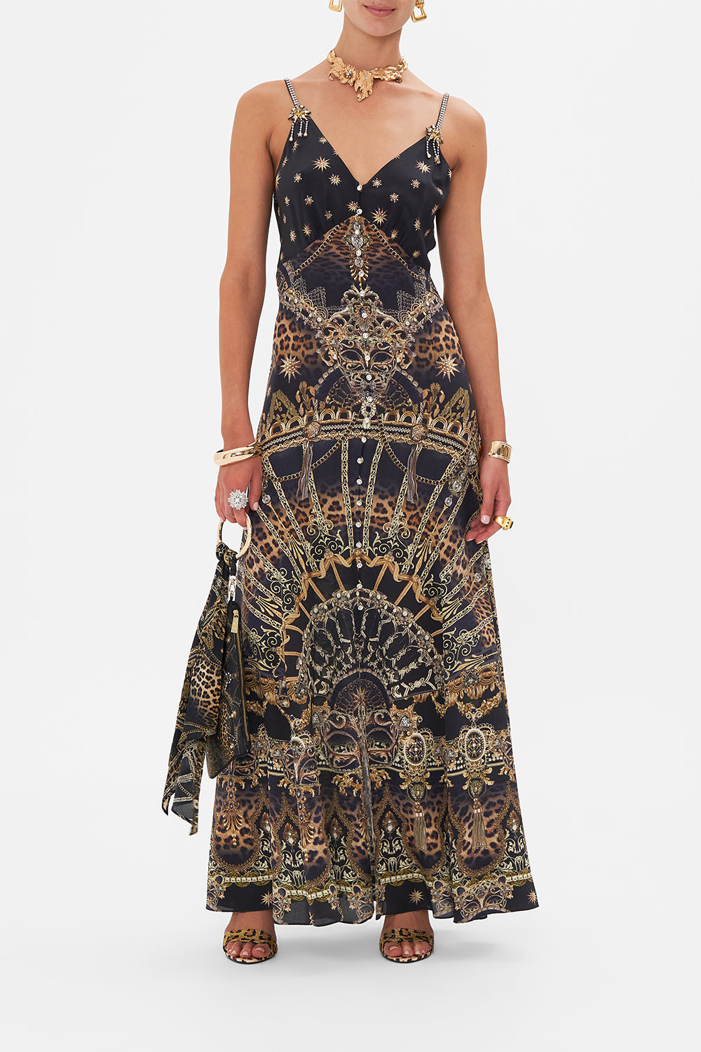 Detail view of model wearing CAMILLA silk strappy dress in Masked At Moonight