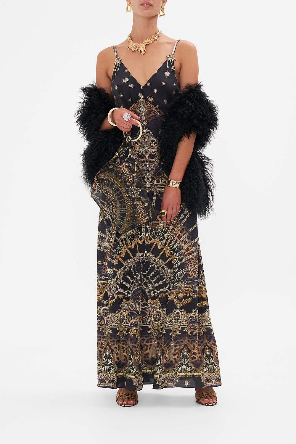 Front view of model wearing CAMILLA silk strappy dress in Masked At Moonight