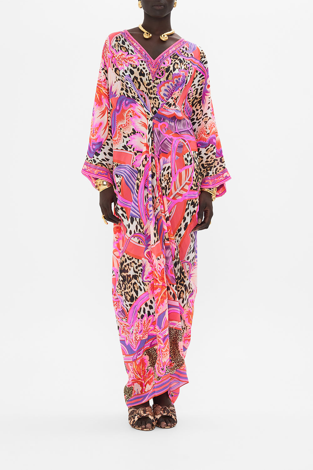 Front view of model wearing CAMILLA designer resortwear kaftan in Viola Vintage print