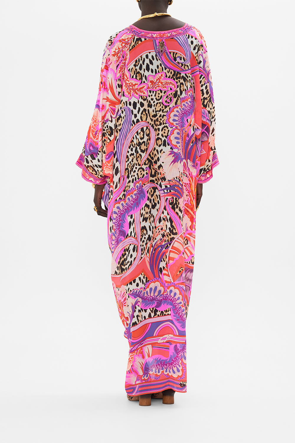 Back view of model wearing CAMILLA designer resortwear kaftan in Viola Vintage print