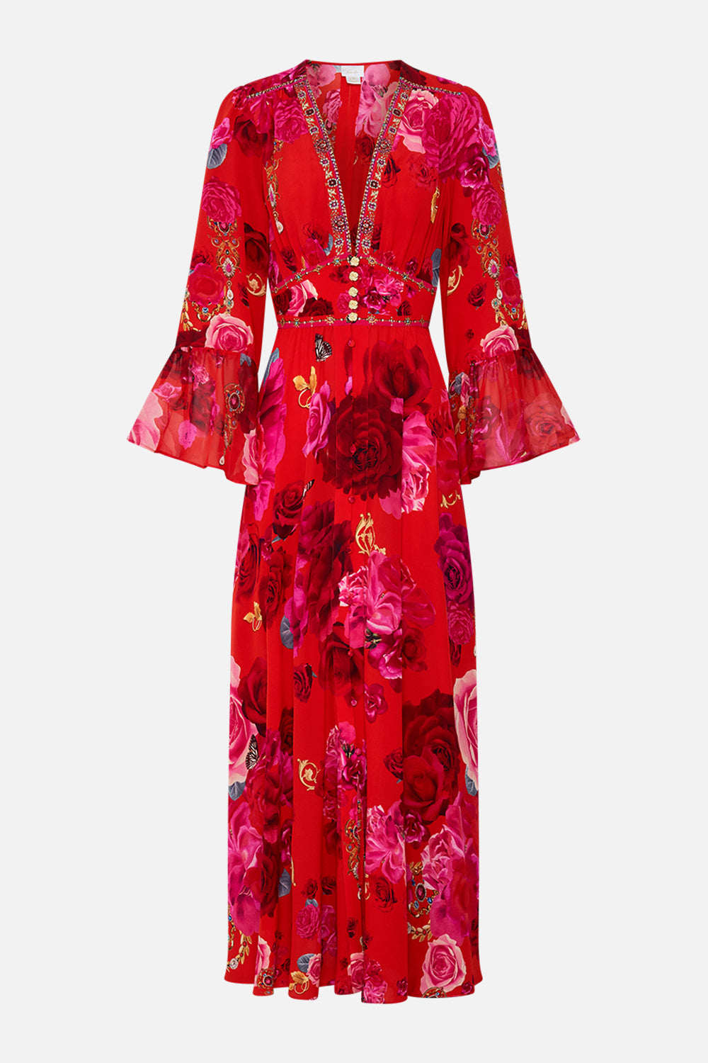 Product view of designer floral ruffle dress in An Italian Rosa print
