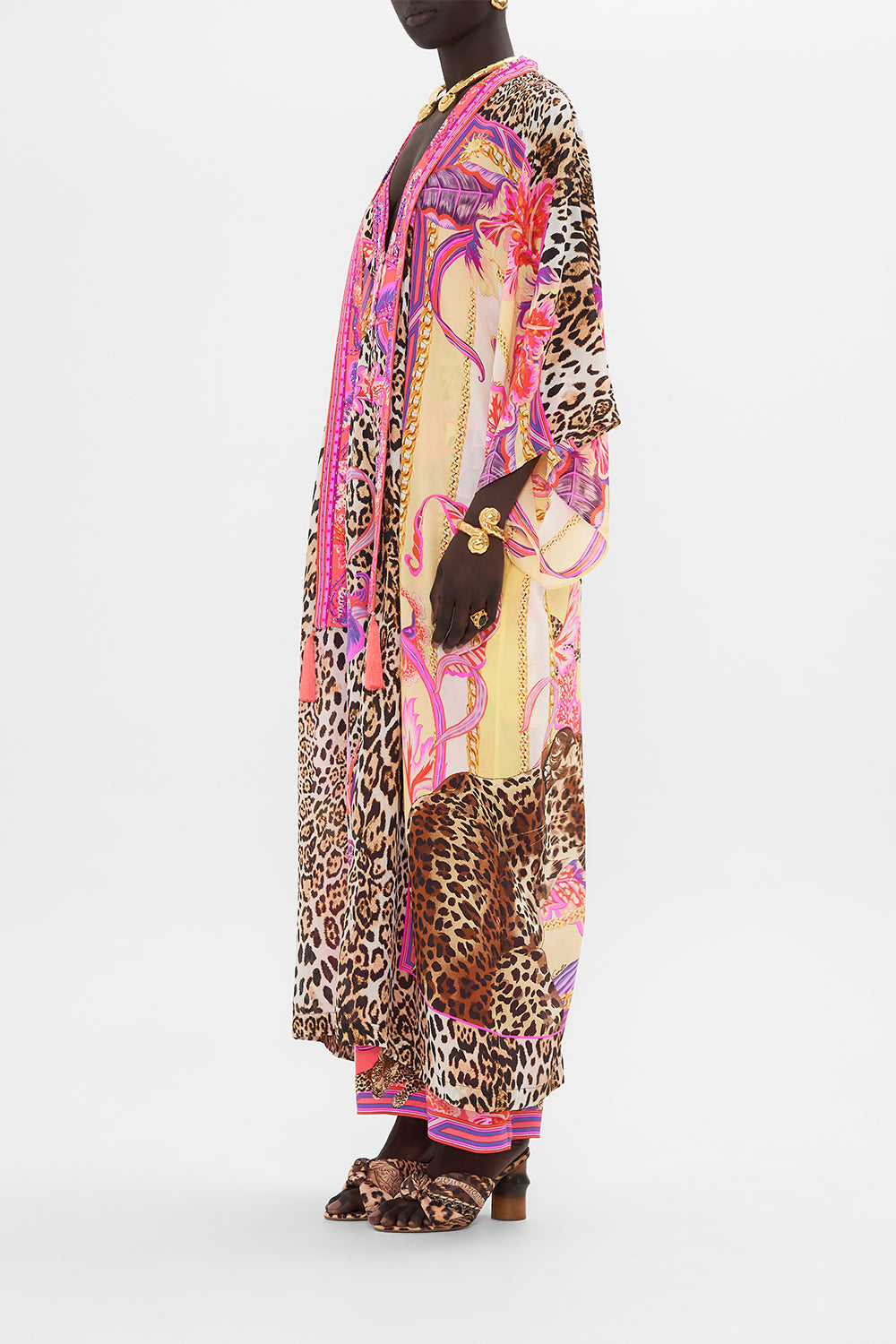 Side view of model wearing CAMILLA silk kimono jacket in Viola Vintage print