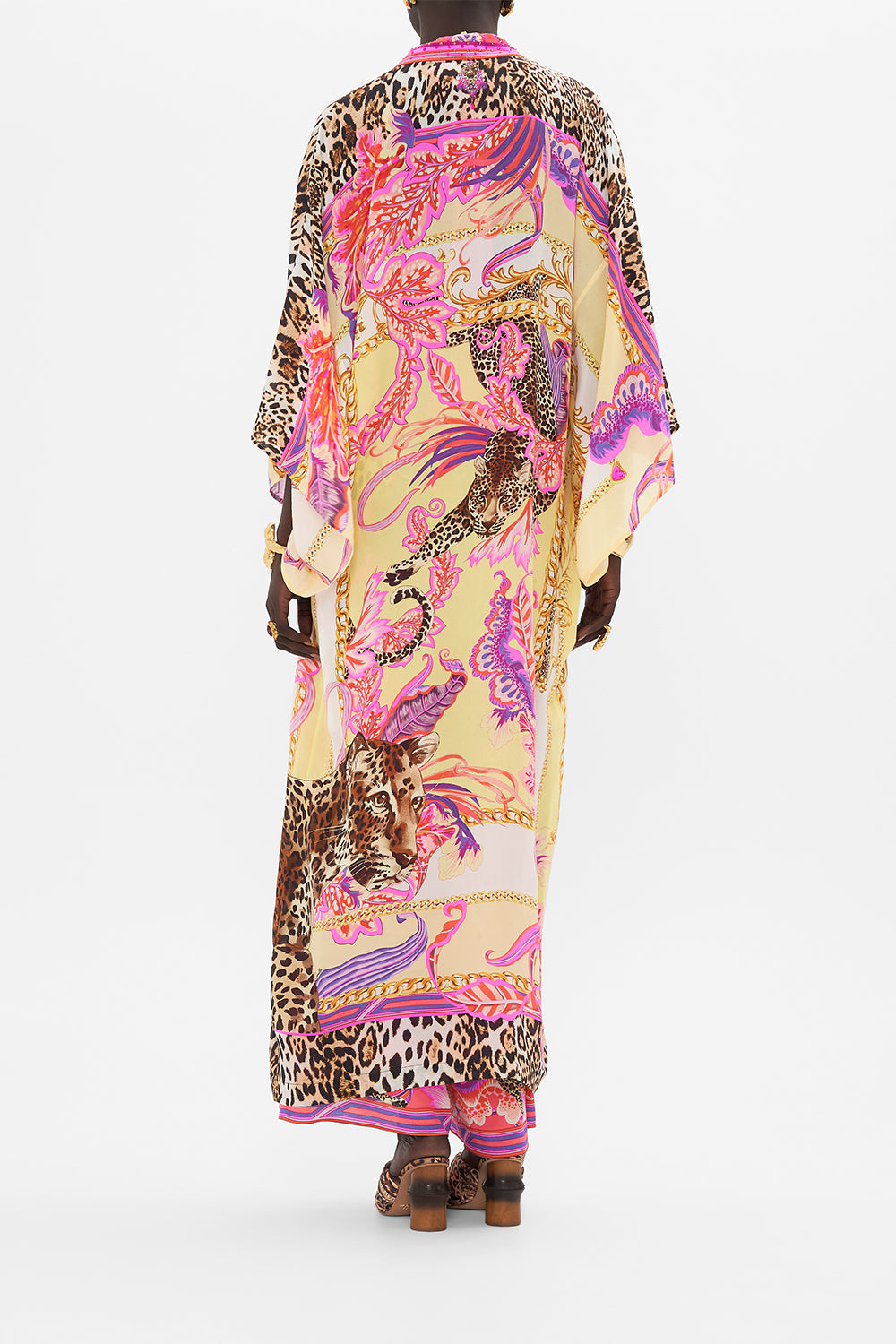 Back view of model wearing CAMILLA silk kimono jacket in Viola Vintage print