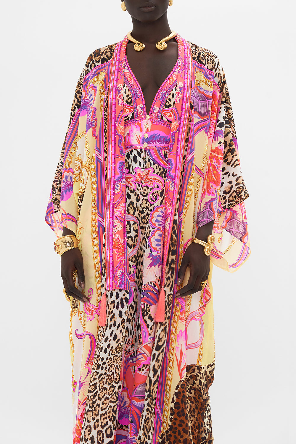 Crop view of model wearing CAMILLA silk kimono jacket in Viola Vintage print