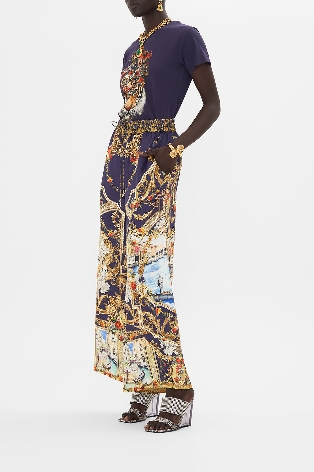 Side view of model wearing CAMILLA womens t shirt in Venice Vignette print