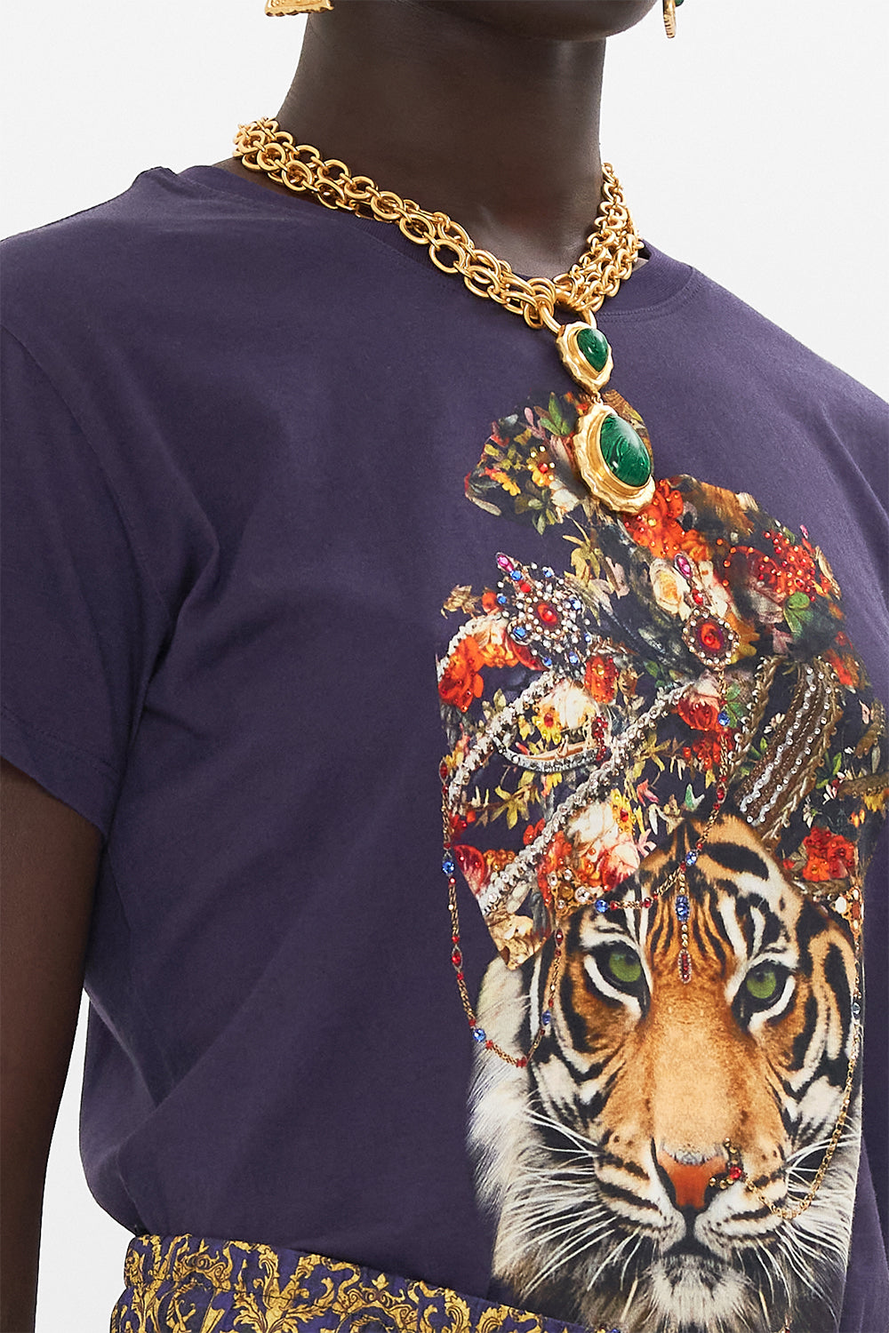 Detail view of model wearing CAMILLA womens t shirt in Venice Vignette print