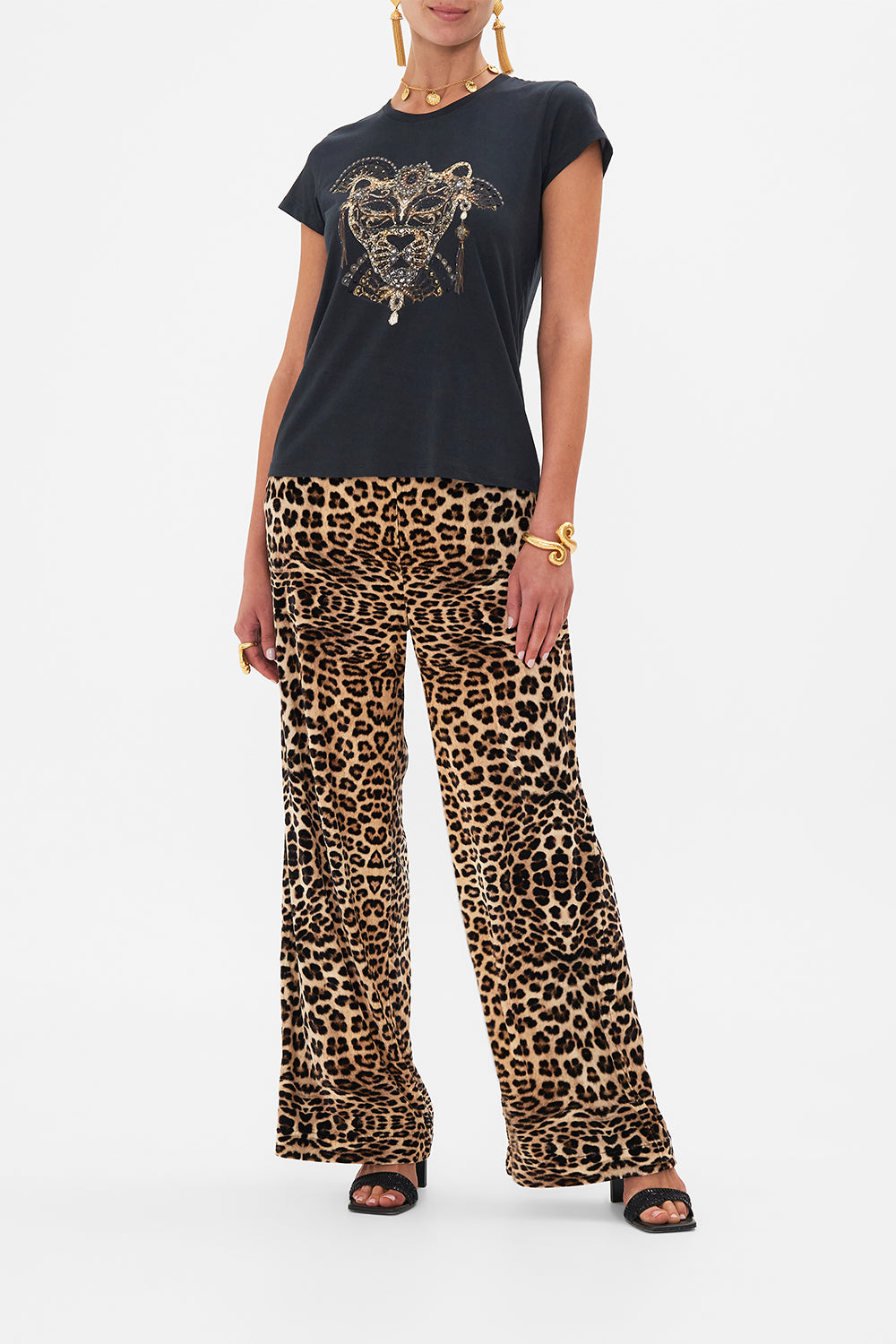 Front view of model wearing CAMILLA luxury t shirt in Masked At Moonlight print