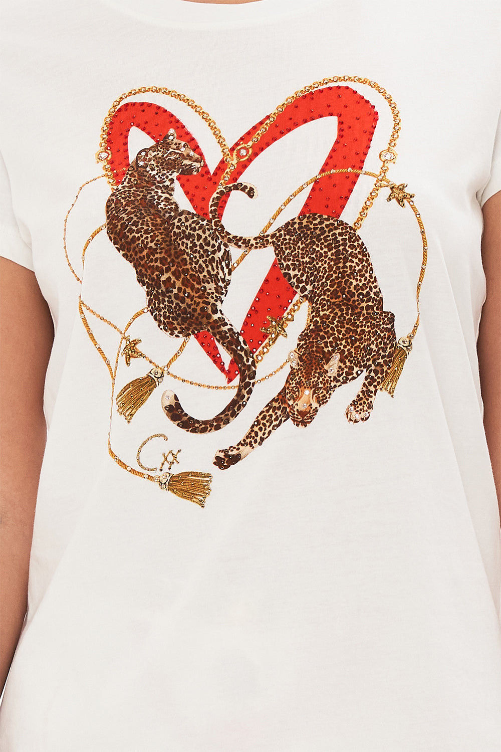 Crop view of model wearing CAMILLA womenswhite t shirt in Saluti Summertime print