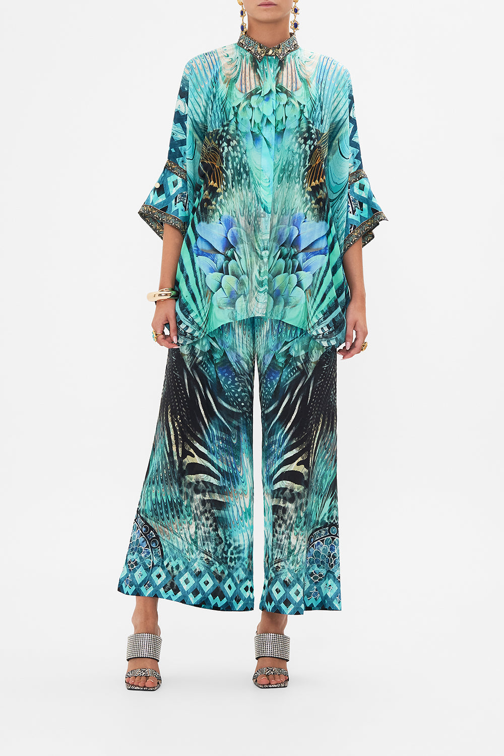 Front view of model wearing CAMILLA silk shirt in Azure Allure print