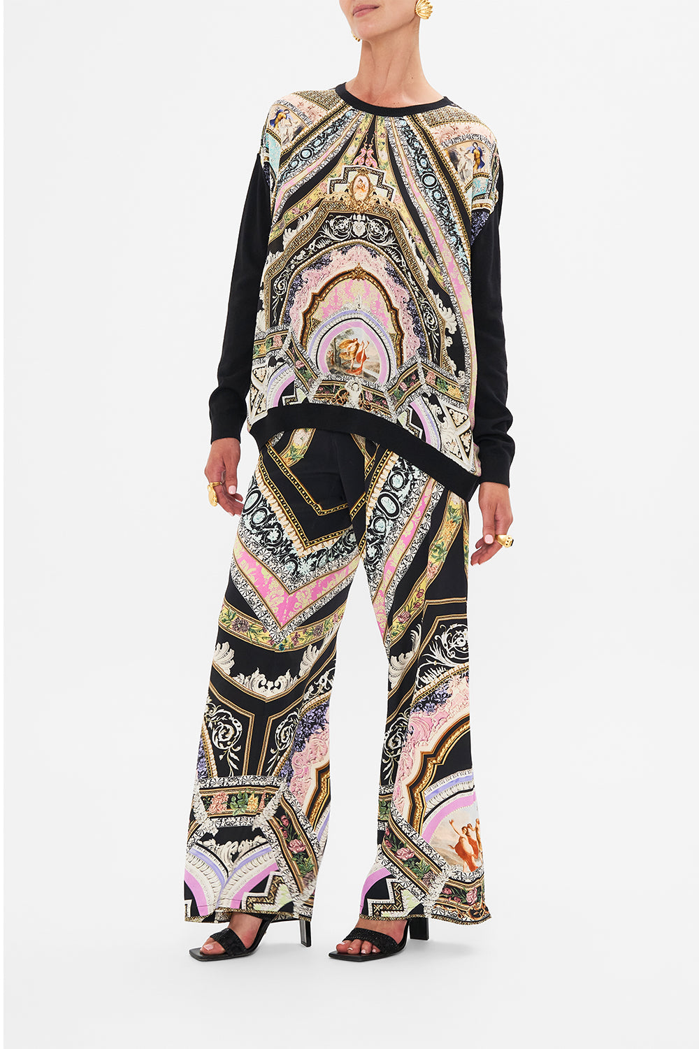 Side view of model wearing CAMILLA knit jumper in Florence Field Day print