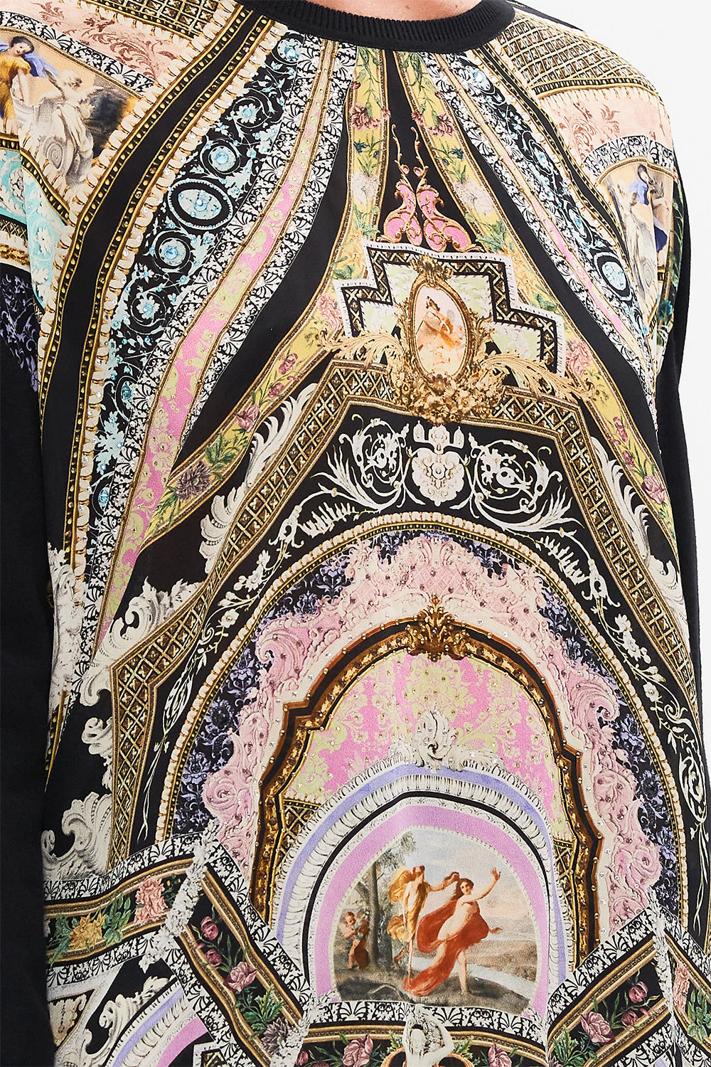 Detail view of model wearing CAMILLA knit jumper in Florence Field Day print