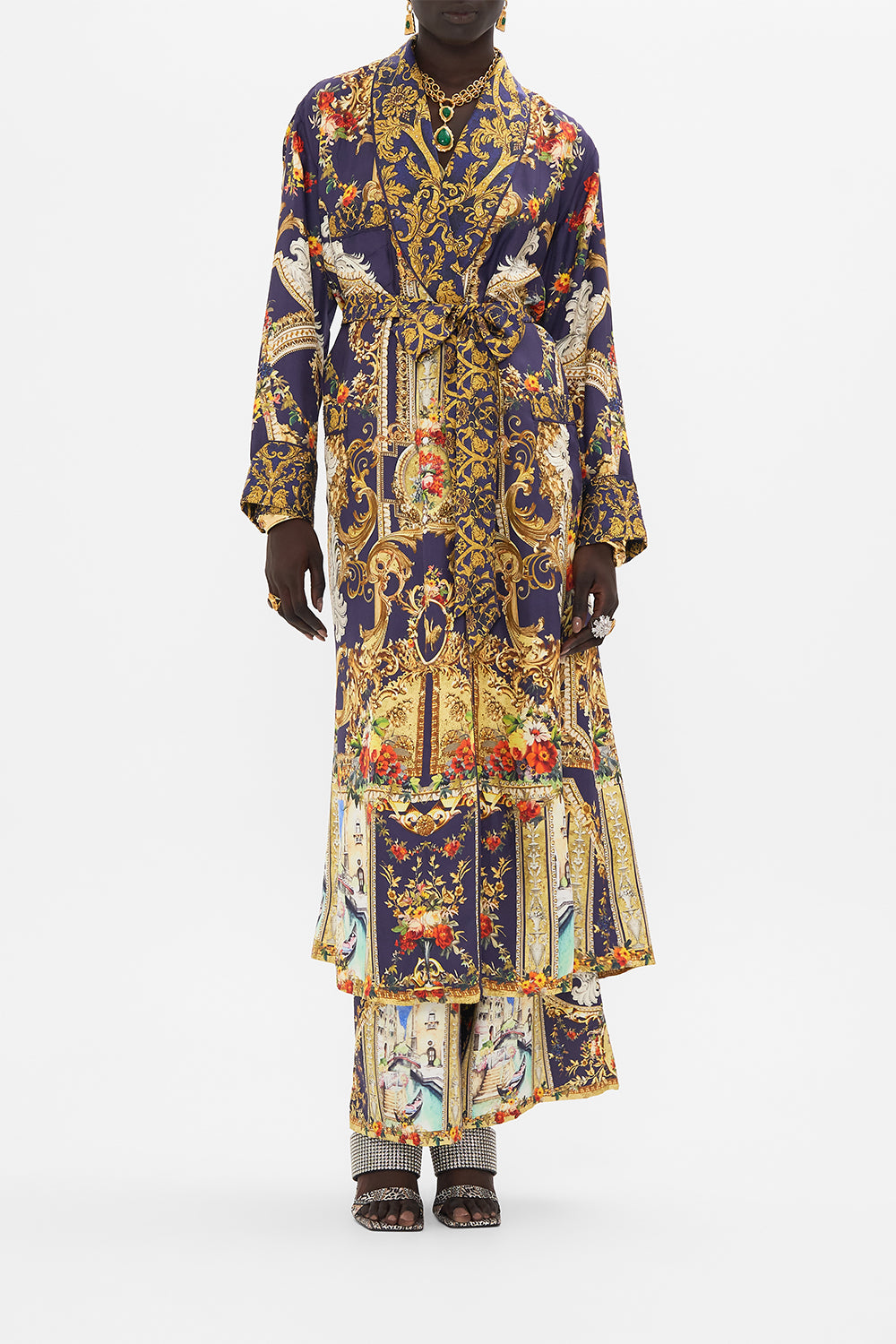 Front view of model wearing CAMILLA silk robe in Venice Vignette print