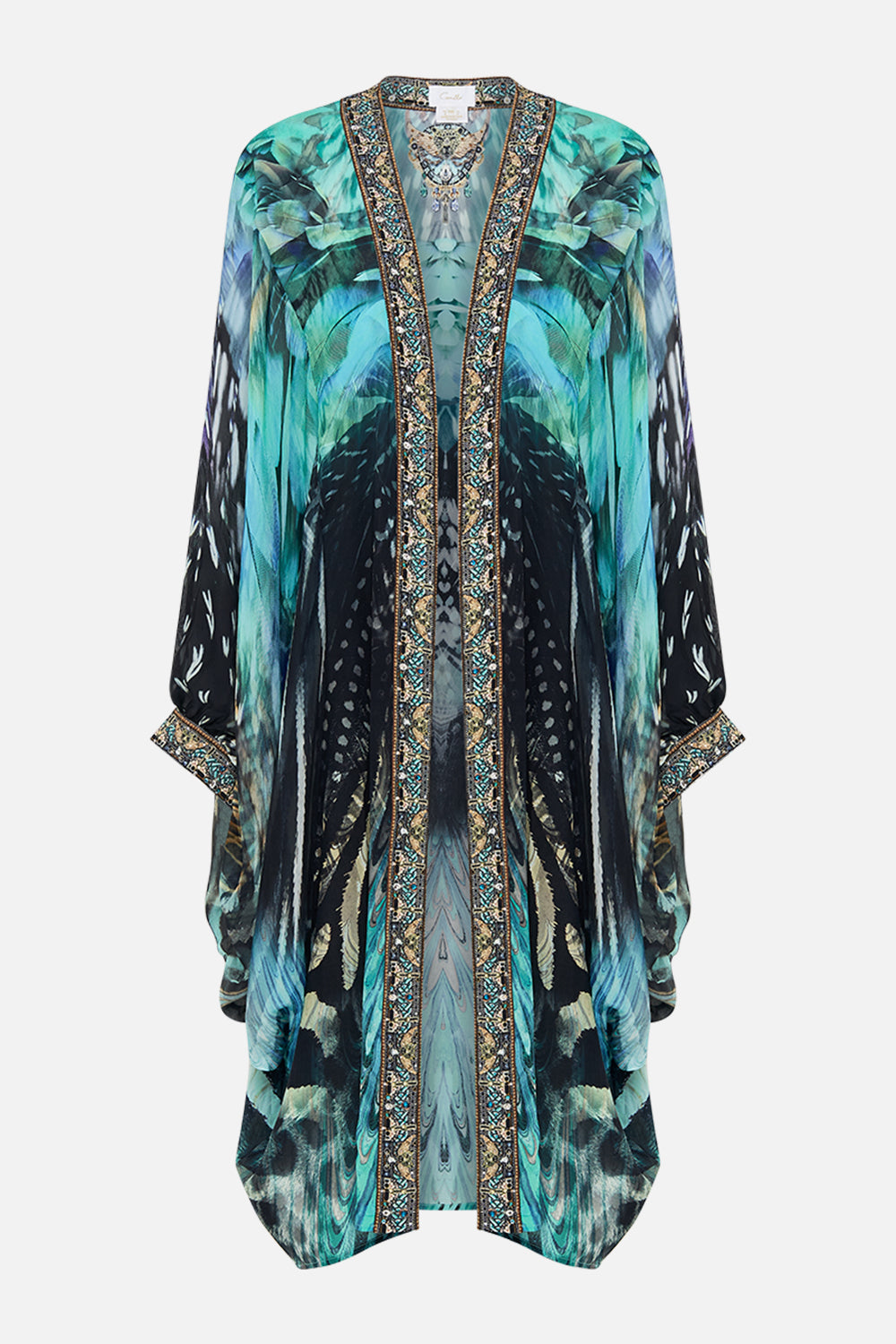 Product view of CAMILLA silk kimono layer in Azure Allure print