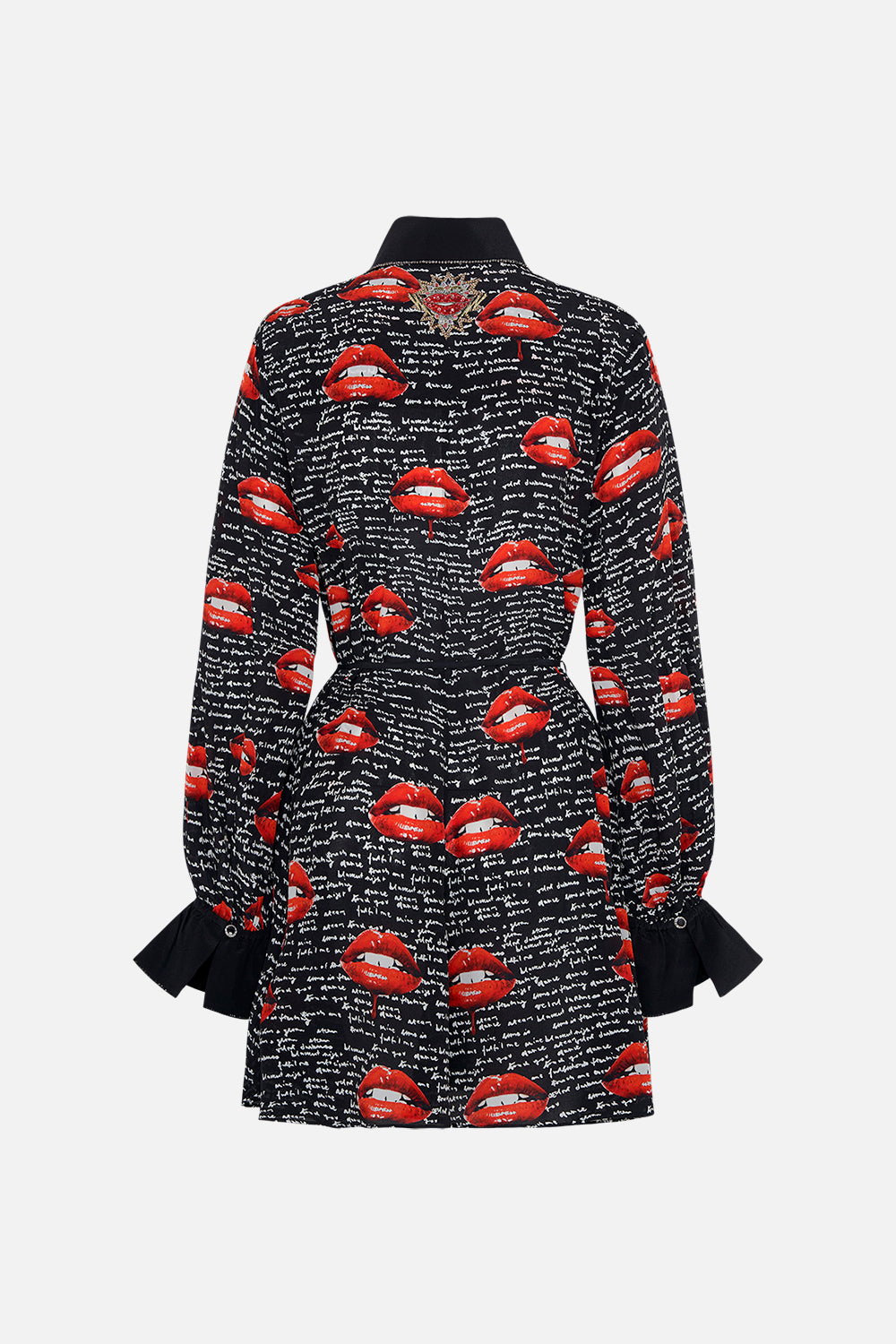 Back product view of CAMILLA black silk shirt dress in Chaos Magic print
