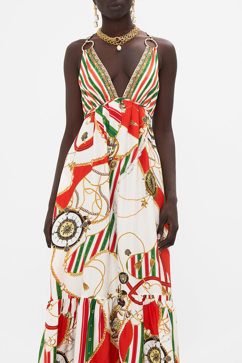 Detail view of model wearing CAMILLA tiered dress in Saluti Summertime print