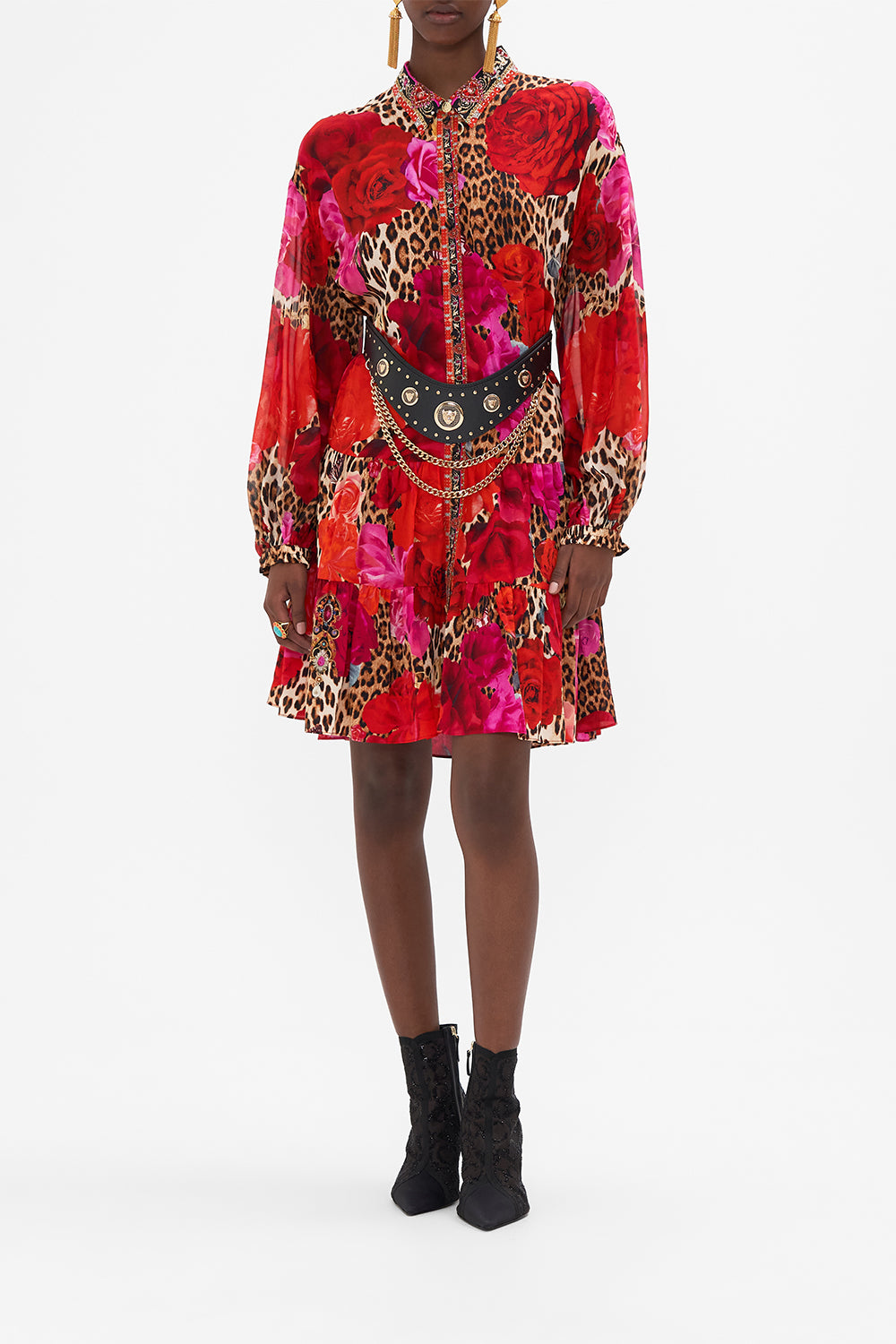 Crop view of model wearing CAMILLA floral shirt dress in Heart Like A Wildflower print