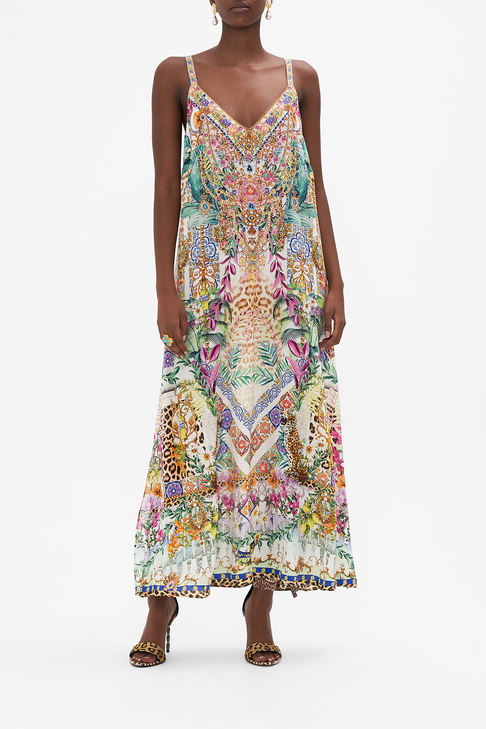 Front view of model wearing CAMILLA floral silk slip dress in Flowers Of Neptune print