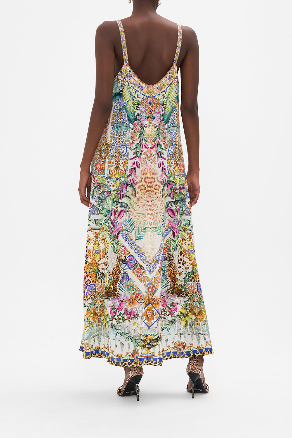 Back view of model wearing CAMILLA floral silk slip dress in Flowers Of Neptune print