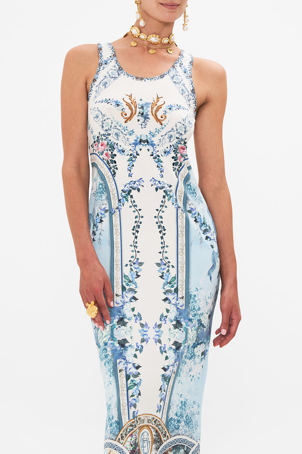 Crop view of model wearing CAMILLA Jersey tank dress in Seasson of The Siren print