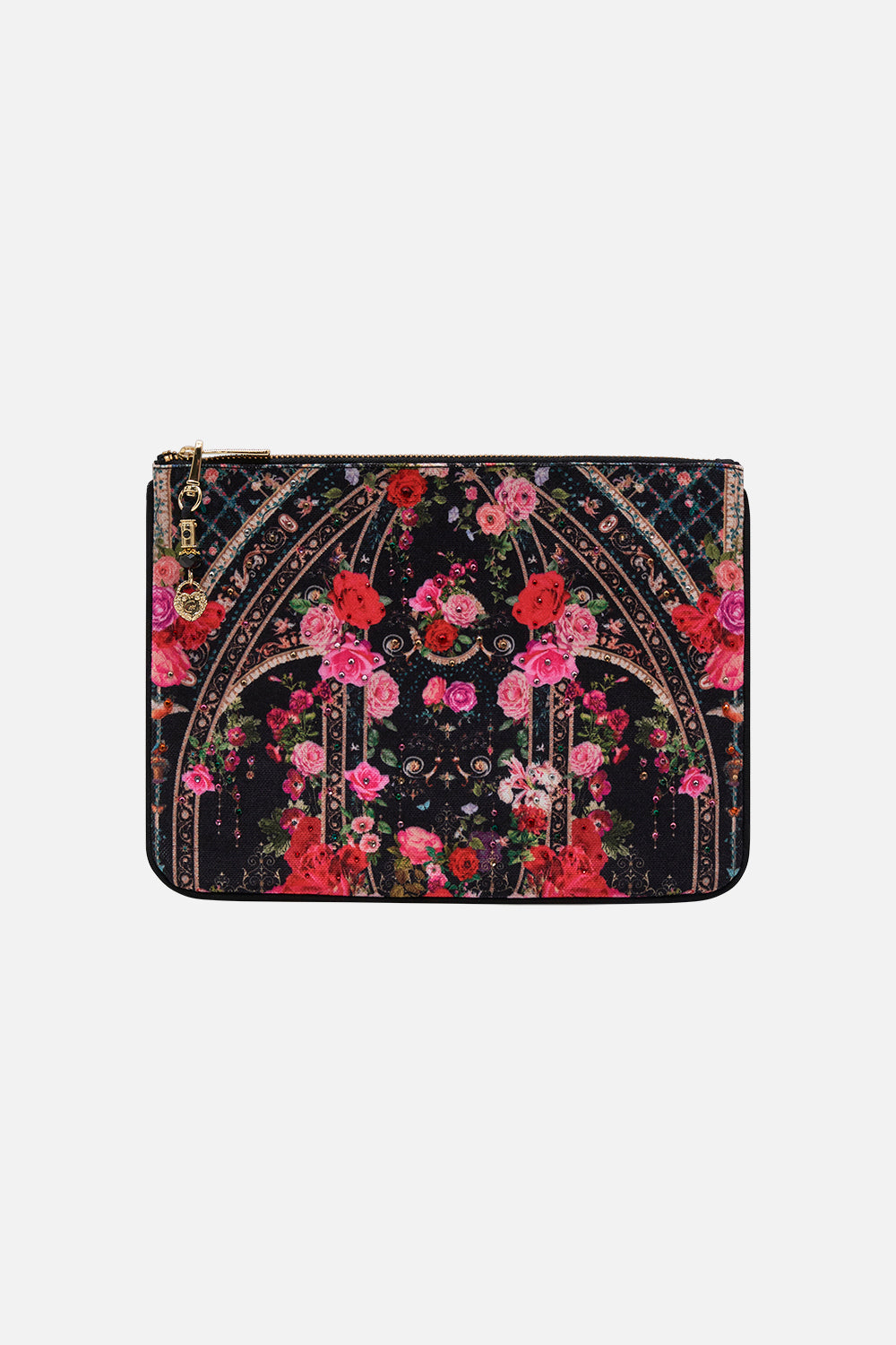 Product view of CAMILLA designer clutch bag in Reservation For Love print
