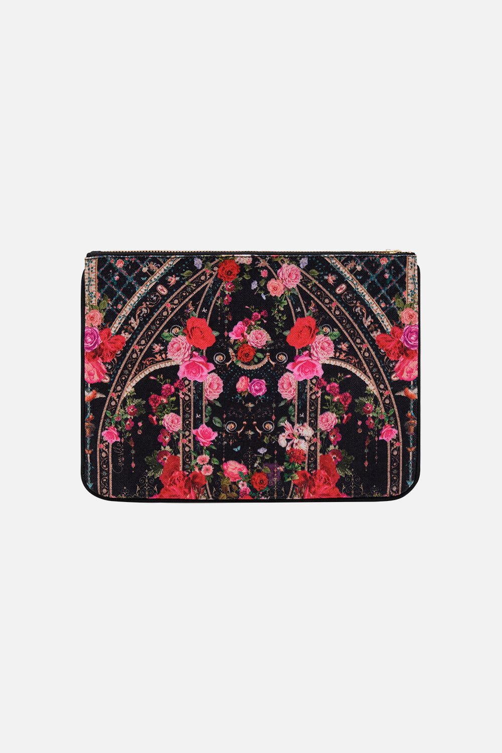 Product view of CAMILLA designer clutch bag in Reservation For Love print