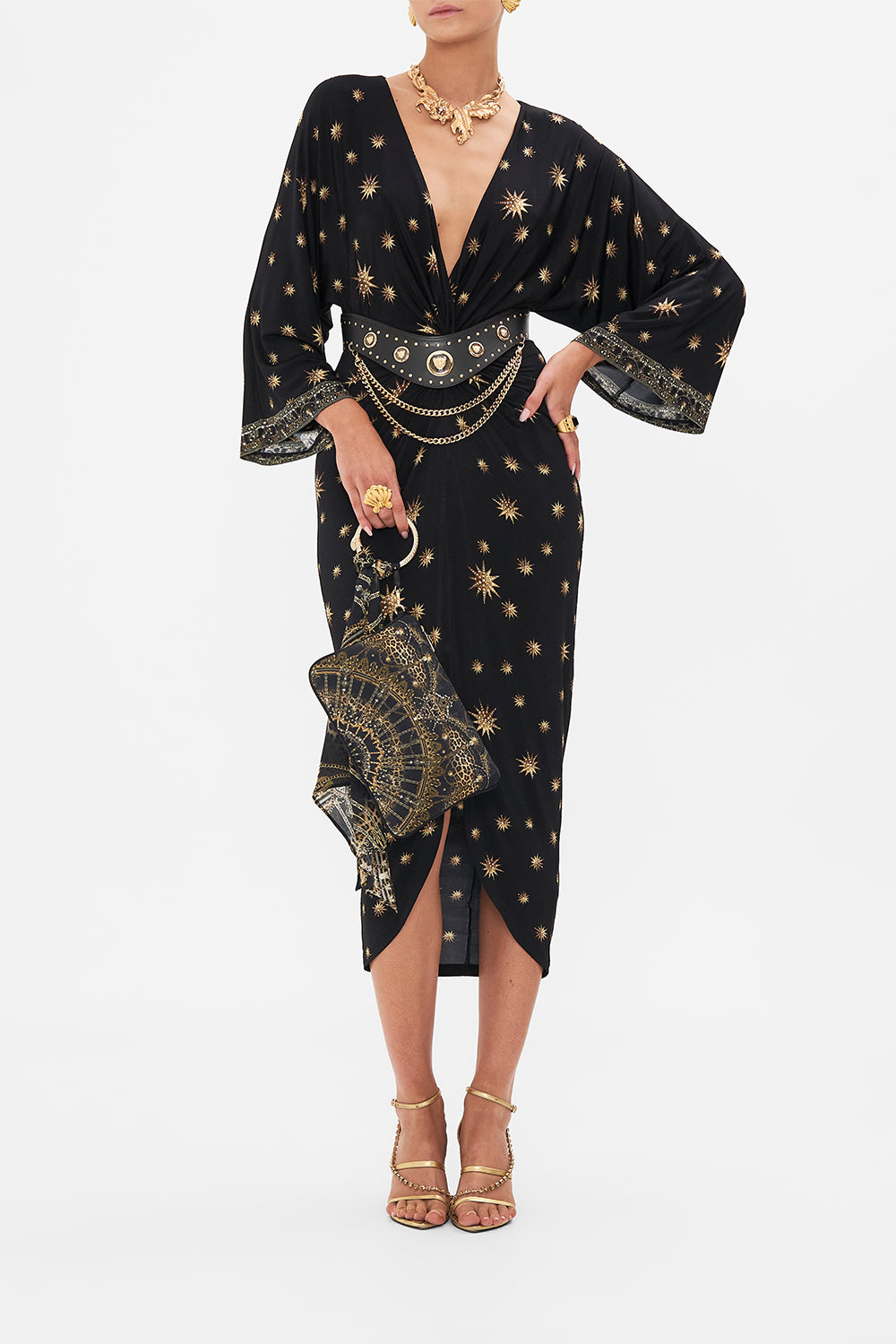 Product view of CAMILLA black and gold silk clutch in Masked at Moonlight print