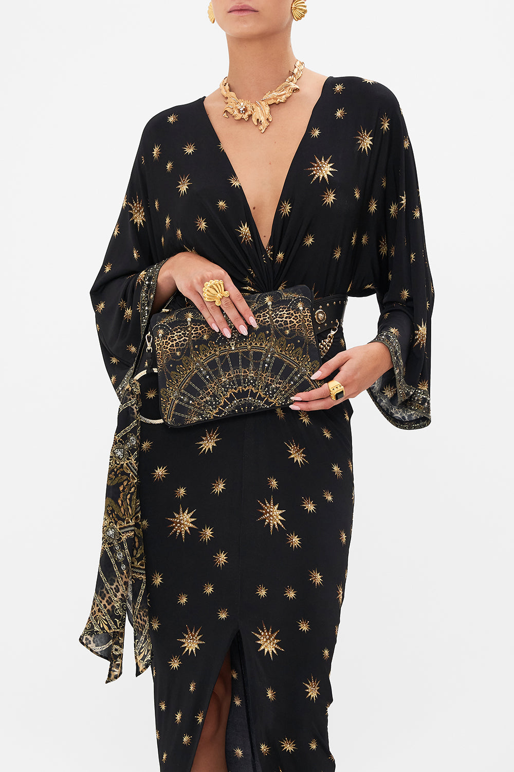 Product view of CAMILLA black and gold silk clutch in Masked at Moonlight print