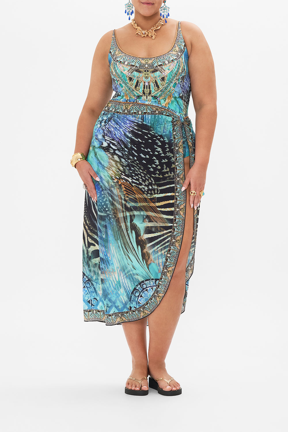 Front view of curve model wearing CAMILLA plus size one piece swimsuit in Azure Allure print