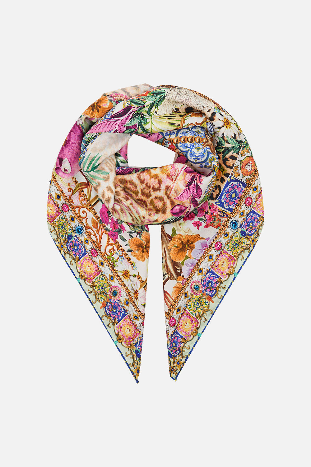 Product view of CAMILLA floral print silk scarf in Flowers Of Neptune print