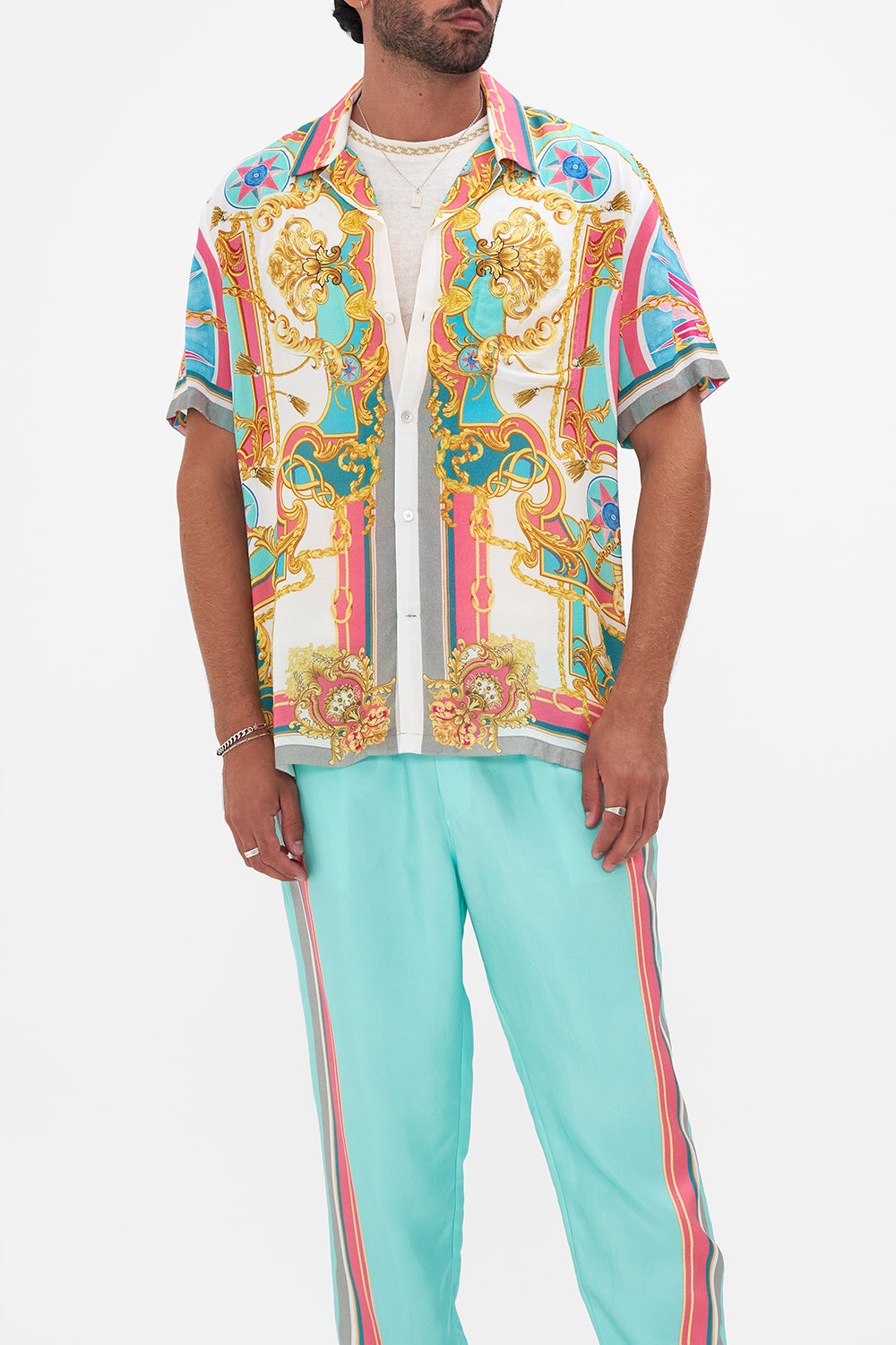 Crop view of model wearing Hotel Franks By CAMILLA mens camp collared shirt in Sail Away With Me print