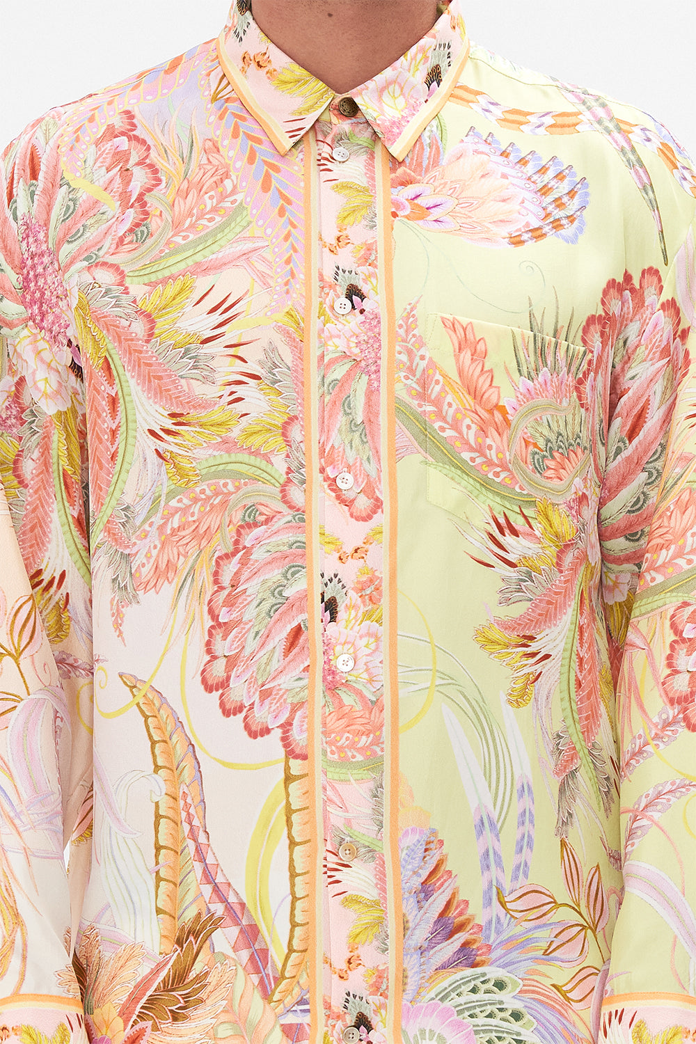 Detail view of model wearing Hotel Franks by CAMILLA mens silk shirt in Cosmic Tuscan print