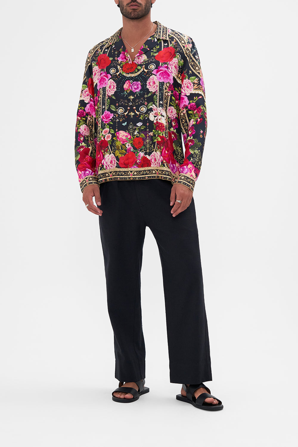 Front view of model wearing Hotel Franks by CAMILLA mens floral camp collared shirt in Reservation For Love print