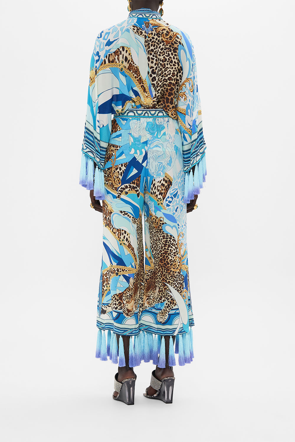 CROPPED LOUNGE PANT WITH OMBRE SILK TASSELS SKY CHEETAH