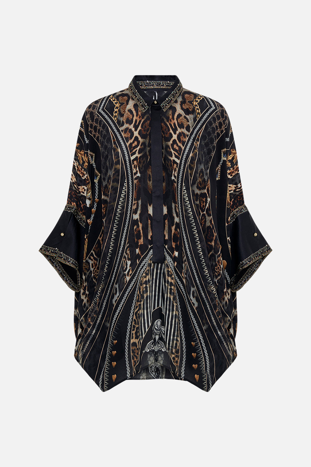 Product view of CAMILLA silk shirt in Chaos In The Cosmos animal print