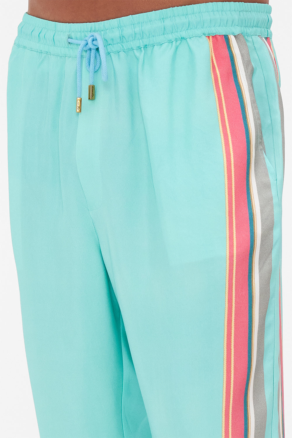 Detail view of model wearing Hotel Franks by CAMILLA mens elasticated pant in Sail Away With Me print