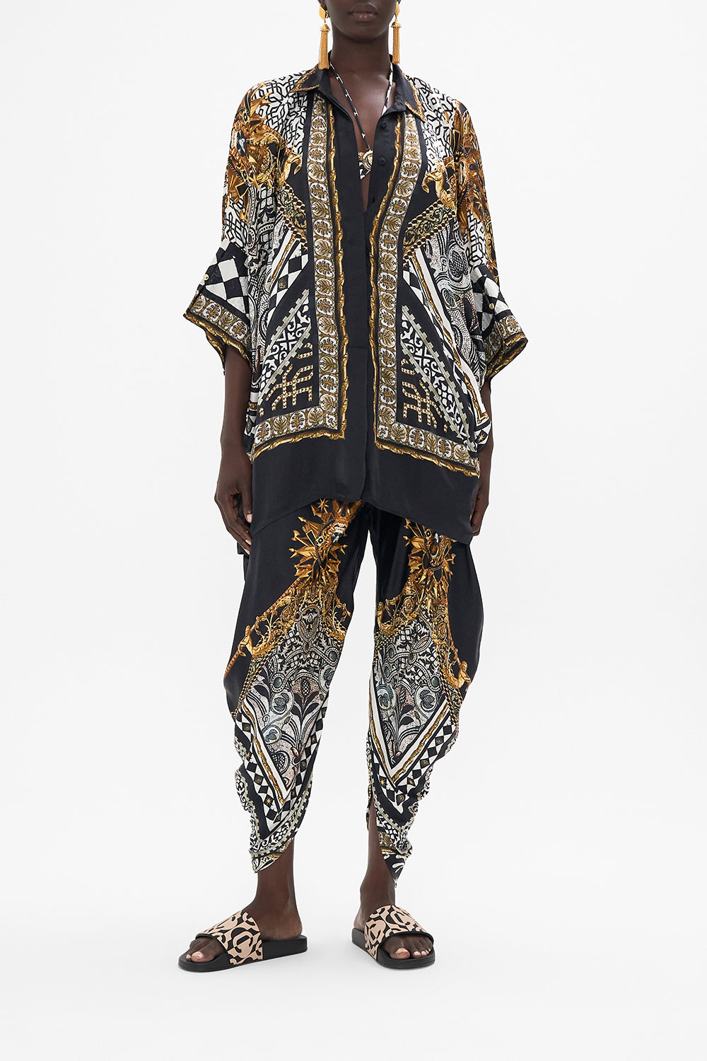 Front view of model wearing CAMILLA silk batwing blouse in Look Up Tesoro print