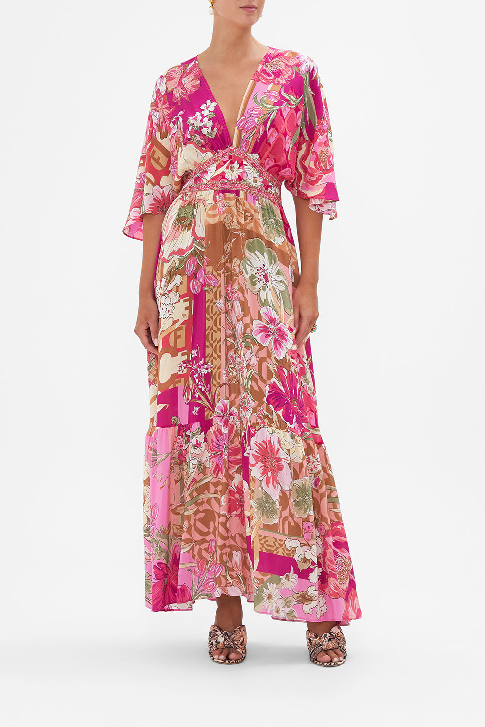 Front view of model wearing CAMILLA pink silk dress in A Girl Named Florence print