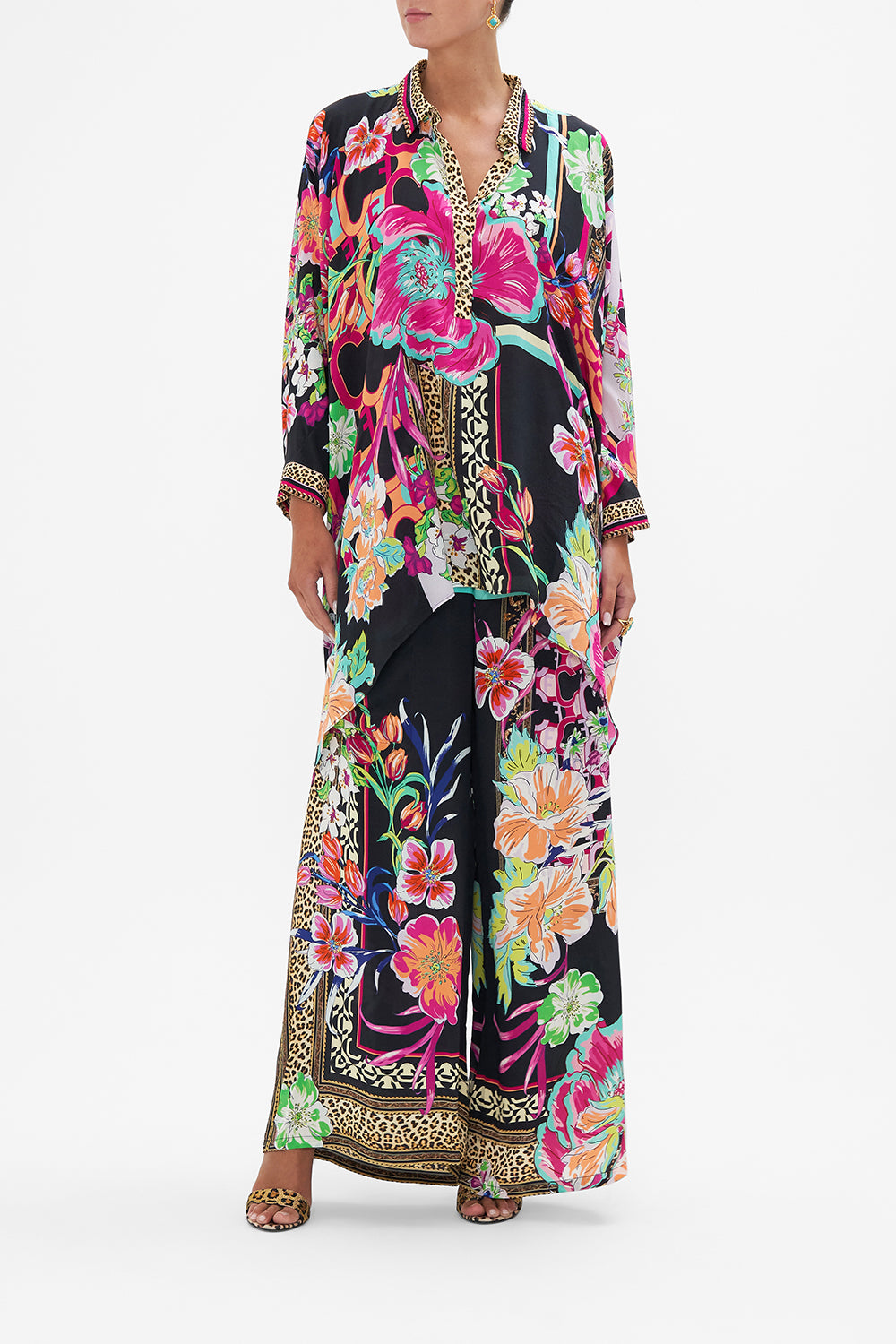 Front view of model wearing CAMILLA silk button up top in Printed Prima Vera print