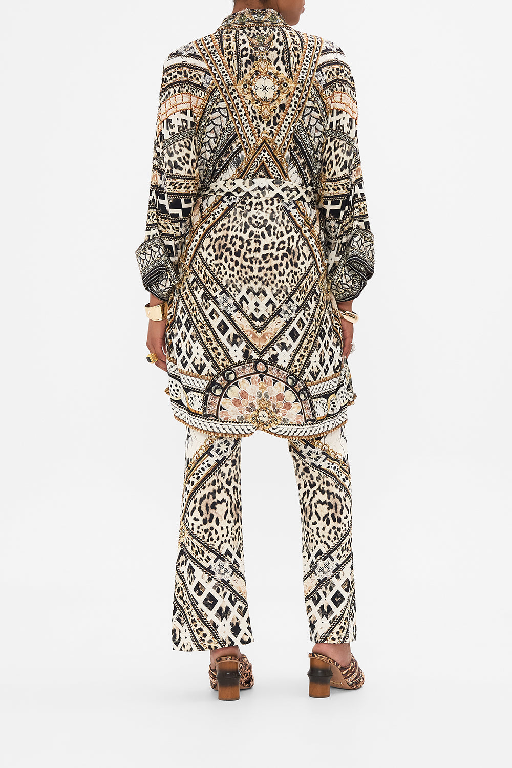Back view of model wearing CAMILLA animal print robe in Mosaic Muse