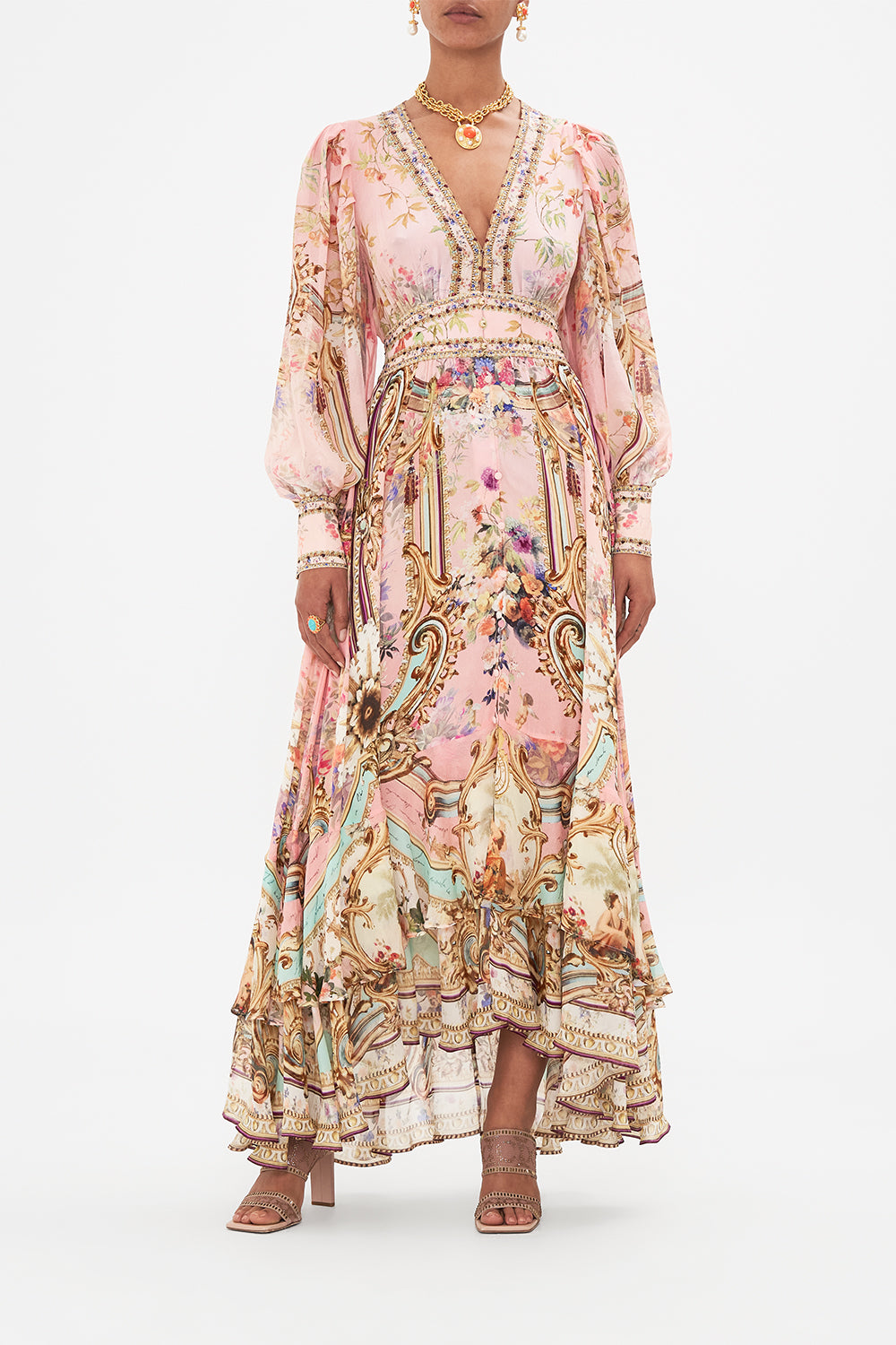 Front view of model wearing CAMILLA pink silk maxi dress in Letters From The Pink Room print